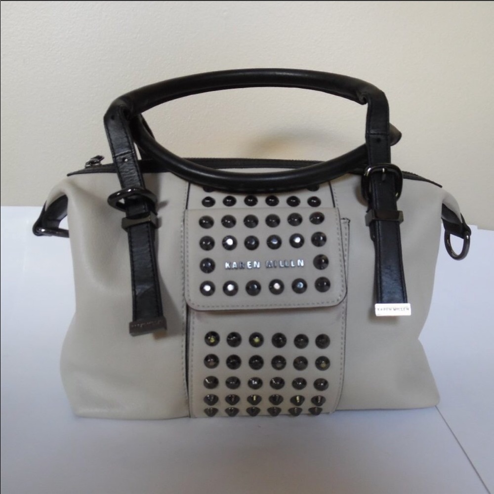 Karen Millen white studded biker bowler bag